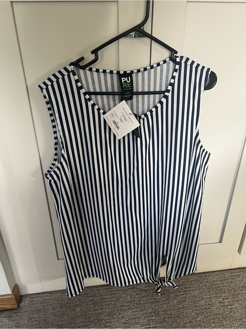 Pure Essence Navy and White Vertical Stripe Tie-Front Sleeveless Blouse